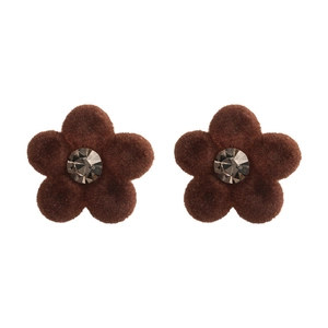 Brown flocked flower earrings with rhinestones in a minimalist design for autumn