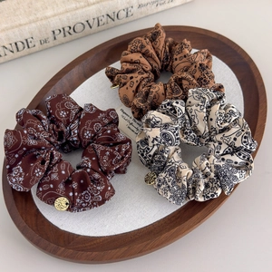 Vintage paisley print scrunchies set with gold coin charms for women stylish hair ties