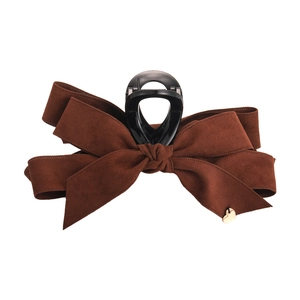 Brown velvet bow hair claw clip with golden heart charm on high-quality shark hair clip
