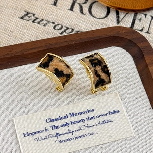 Close-up of vintage leopard print plush earrings with a golden metal frame on display