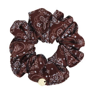 Vintage brown paisley scrunchie with soft woven fabric and a hammered gold charm