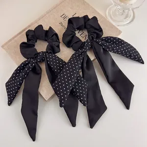 French Style Satin Polka Dot Scrunchies With Long Streamers Bow Knot Hair Tie Elegant Fabric Ponytail Holder For Women Daily Headwear