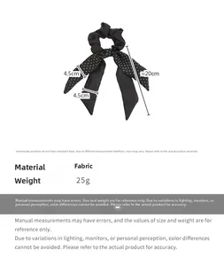 Detailed size chart for black polka dot bow scrunchie with 20cm fabric streamers