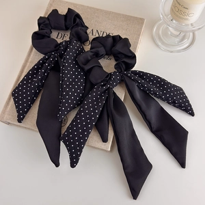 Polka dot and solid black ribbon bow scrunchie hair ties set for elegant styling
