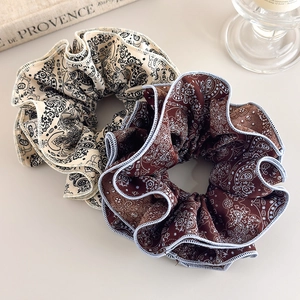 Vintage paisley print oversized hair scrunchies in cream and brown fabric set