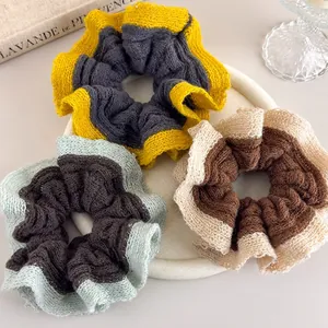 Elegant Knitted Woolen Yarn Scrunchie For Women Contrast Color Ruffle Edge Sequin Elastic Hair Ties Soft Ponytail Holders
