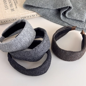 Thick knitted wide headbands for women in grey and brown tones for elegant high crown hair styling