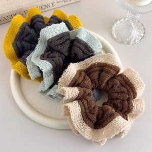 Three-piece set of knitted color-block hair scrunchies with ruffle edges and subtle sequins