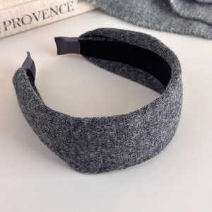 Close-up of thick grey wool knit headband texture with non-slip black inner lining
