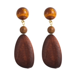 Elegant geometric wooden drop earrings with amber beads and dark brown teardrop wood