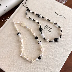 Resin Stone Artificial Pearl Beaded Phone Charm Bohemian Star Mushroom Butterfly Design Handmade Lanyard Phone Chain For Women