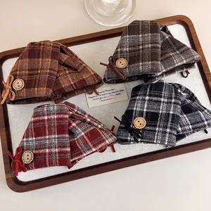 Vintage Plaid Hair Claw Clip Large British Style Checked Hair Catch With Wooden Button Bow Knot Hair Accessory For Women