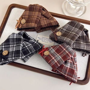 British style checkered hair clips with wooden buttons and leather bows in four colors