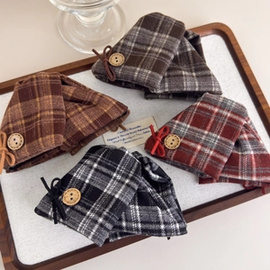 Retro plaid hair claw clips with wooden buttons and ribbon bows in four classic colors