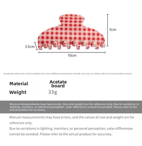Detailed size specifications for red and white checkered acetate hair claw clip