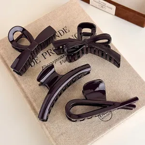 French Style Large Glossy Acrylic Hair Claw Clip Chocolate Brown Butterfly Bow Strong Hold Shark Clamp Women Hair Accessory