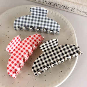 Set of 3 acetate gingham claw clips in red, black, and blue-grey plaid patterns