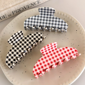 Acetate Hair Claw Clip Checkered Gingham Plaid Large Shark Hairpin French Simple Style For Women Girls Daily Styling