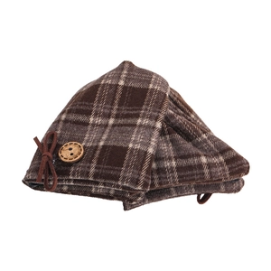 Brown plaid bow hair claw clip with vintage Scottish pattern and wooden button detail
