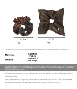 Detail of brown leopard print hair tie and headband with size and weight dimensions