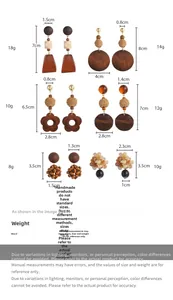 Detailed size and weight specs for vintage geometric wooden bohemian earrings set