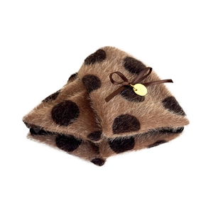 Plush polka dot shark hair claw clip with brown satin bow and gold metal charm