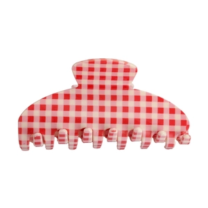 Minimalist red and white gingham large acetate hair claw clip with a glossy finish