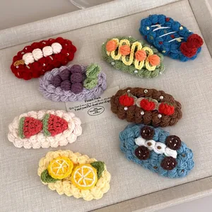 Handmade Crochet Yarn Fruit Hair Clip For Women Girls Cute Artificial Pearl BB Clip Sweet Pastoral Flower Hairpin Accessory