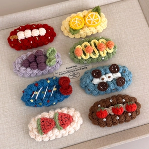 Handmade crochet fruit hair clips with pearls including watermelon and strawberry shapes