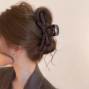 Chocolate brown bow claw clip for women, glossy resin shark hair clip in large size