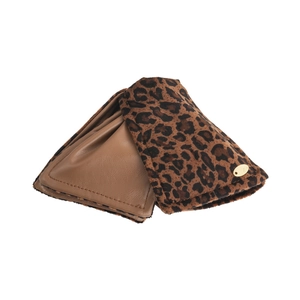 Vintage leopard print faux fur and brown leather shark hair claw clip with gold metal tag