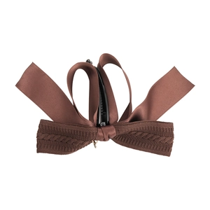 Brown vintage knitted bow banana hair clip with satin ribbon and gold pendant accessory