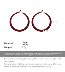 Detailed view of 5.2cm burgundy velvet hoop earrings with size measurements