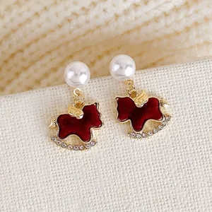 Rote Samt Schaukelpferd Ohrringe Mit Silbernem Stift Gold Legierung Kunstperle Strass Damen Festlicher Schmuck
