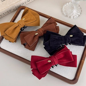 Elegant Fabric Velvet Bowknot Banana Clip For Women Retro Maillard Color High Ponytail Hair Clip With Love Metal Label