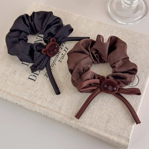 Cute plush bear bow scrunchies in black and brown velvet, elegant hair accessories set