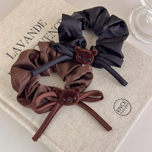 Cute bear bow scrunchie set in black and brown silk fabric for hair styling