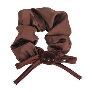 Cute brown satin scrunchie with a velvet bear charm and hanging ribbon bow streamers