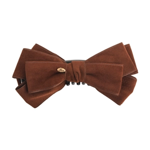 Brown suede bow banana hair clip with golden Love tag for elegant high ponytail