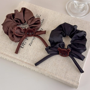 Cute Bow Bear Satin Satin Hair Scrunchie Vintage Sweet Flocking Bear Head Ponytail Holder Hair Accessory For Women Girls