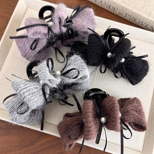Elegante Pinza per Capelli a Fiocco in Lana a Maglia Con Perla Artificial Sintetica e Nastro Stile Coreano Clip Squalo Inverno Donna