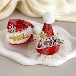 Cute Christmas Mesh Santa Hat Hair Clip For Kids Girls Festive Lace Sequin Merry Christmas Duckbill Clip Hair Accessories