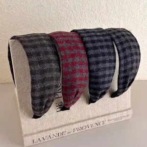 Vintage Plaid Woolen Wide Brim Headband For Women Retro Geometric Hair Band Autumn Winter Thickened Hair Hoop Accessory
