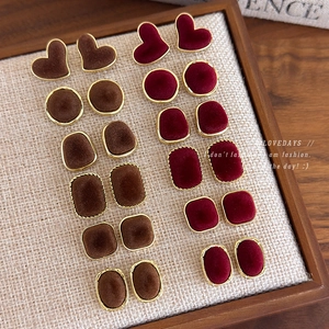 Retro Flocking Alloy Stud Earrings For Women Wine Red Brown Geometric Heart Square Round Autumn Winter Fashion Earrings Jewelry