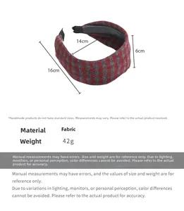 Detailed size chart of vintage brown plaid headband showing 14cm width and 6cm side width