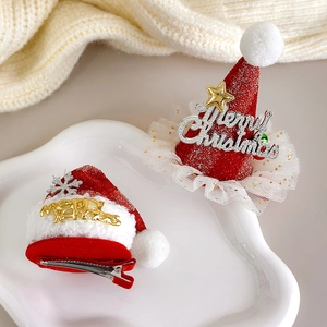 Cute Christmas mesh hat hair clip set with Merry Christmas glitter and pom pom detail