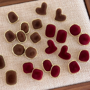Vintage burgundy and brown velvet square stud earrings with elegant gold metal borders
