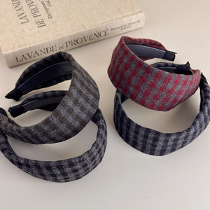 Brown plaid tweed wide headband set for women with anti-slip inner teeth design
