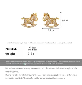 Detailed dimensions of gold rocking horse earrings with cubic zirconia, size 1.6x1.8cm