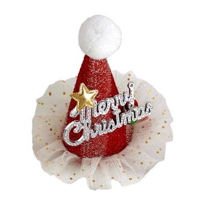 Glittery red Christmas hat hair clip with white mesh and Merry Christmas gold star
